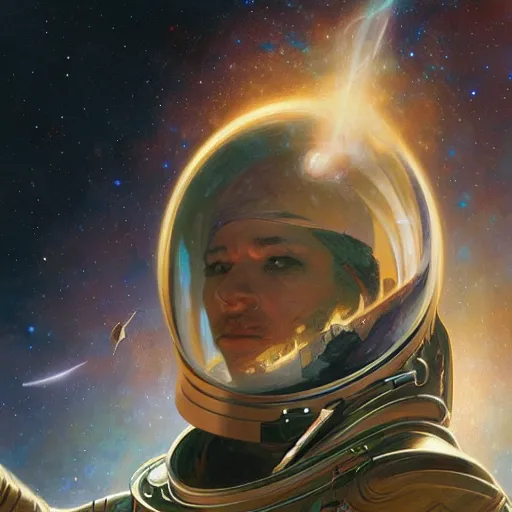 Prompt: portrait of a techno wizard astronaut with an epic cosmic background, intricate, elegant, highly detailed, digital painting, artstation, smooth, sharp focus, illustration, art by artgerm and greg rutkowski and alphonse mucha and erak note