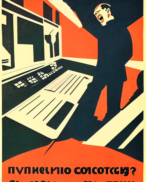 Image similar to Soviet Russia propaganda poster of a programer yelling at computer