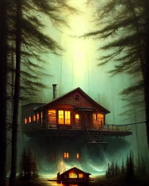 Prompt: a hyper - detailed 3 d render like an oil painting of cabin in the woods floating through space and time!!!!! surreal concept art, lifelike, photorealistic, digital painting, aesthetic, smooth, sharp focus, artstation hd, by greg rutkowski, bruce pennington, valentina remenar, rhads, asher duran,