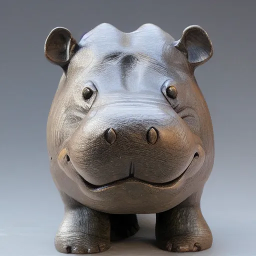 Image similar to small hippo statue, wood blocks bottom hippo body, blue chrome top hippo body, by a genius craftsman, highly detailed, wood block bottom hippo body wood