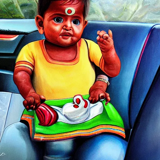 Image similar to painting of indian baby in porsche panamera