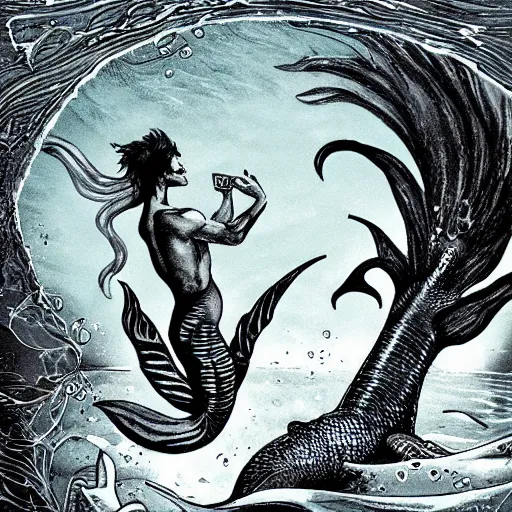 Image similar to male merlock holmes mermaid with a big mermaid tail sitting at the bottom of the sea under water in the style of romanticism