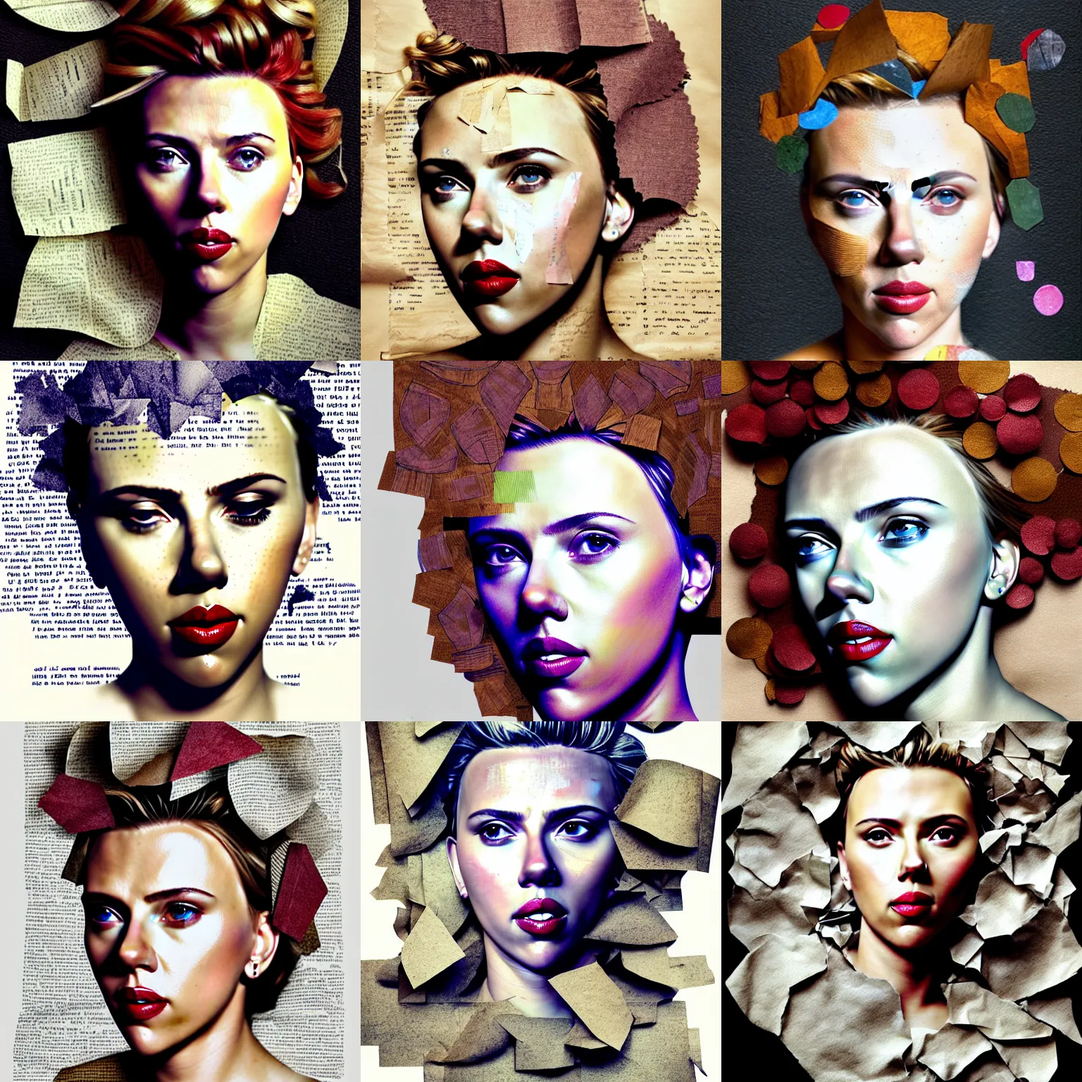 Prompt: portrait of scarlett johansson, rendered in blender hedera on her head head and crumpled paper as a texture, collage handwritten letters and tape, hyperrealism mixed with expressionism, high resolution, cinematic, unreal 6, breathtaking detailed by gretchen andrew
