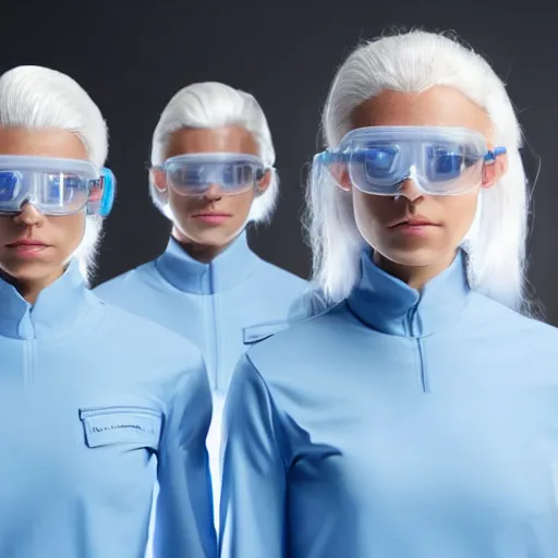 Prompt: troop of identical athletic humans with white hair wearing tight light blue neopren suits, in formation, futuristic chemistry lab, sci - fi, highly detailed, hyperrealistic