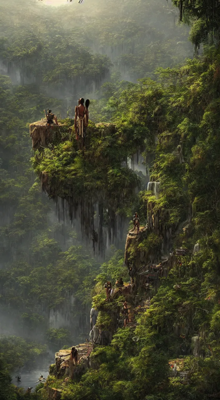 Prompt: a lone amerindian overlooking a ledge towards the jungle below in dense amazon forest | highly detailed | very intricate | cinematic lighting | by asher brown durand and eddie mendoza | featured on artstation