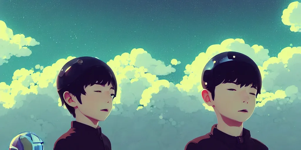 Image similar to 3 d portrait of a boy with astronaut helmets by ilya kuvshinov, cloudy sky background lush landscape ln illustration concept art anime key visual trending pixiv by victo ngai fanbox by greg rutkowski makoto shinkai takashi takeuchi studio ghibli