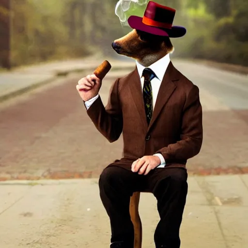 Image similar to smoking cigar, a man wearing a suit capybara head wearing a hat (smoking cigar)