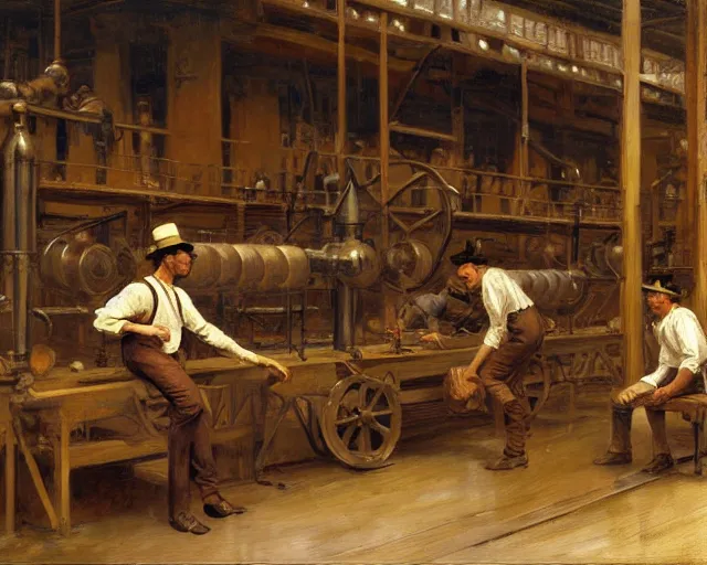 Image similar to attractive men working hard at an 1 9 th century factory. highly detailed painting by gaston bussiere, craig mullins, j. c. leyendecker 4 k