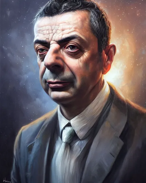 Image similar to lovecraft biopunk portrait of rowan sebastian atkinson by tomasz alen kopera and peter mohrbacher