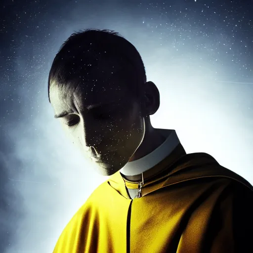 Image similar to Close up of a young, thin and stern catholic priest in his thirties fervently praying as he is about to die from the ominous Lovecraftian yellow shadow descending upon him from the night sky. The yellow shadow feels very oppressive and terrifying. Low angle, dramatic lighting. Award-winning digital art, trending on ArtStation