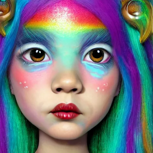 Prompt: a 3 d realistic image of a mythological young girl with rainbow hair looking at the camera, she has sparkles and stickers on her face painting by mark ryden and audrey kawasaki 3 d 8 k ultra detailed