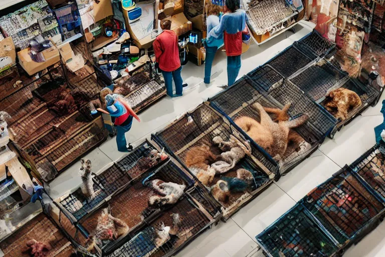 Image similar to overhead view, surveillance, empty pet store with some pets moving around on the floor