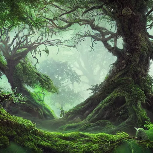 Image similar to A lush green ancient fantasy forest, with large trees and beautiful life, high details, realistic art.