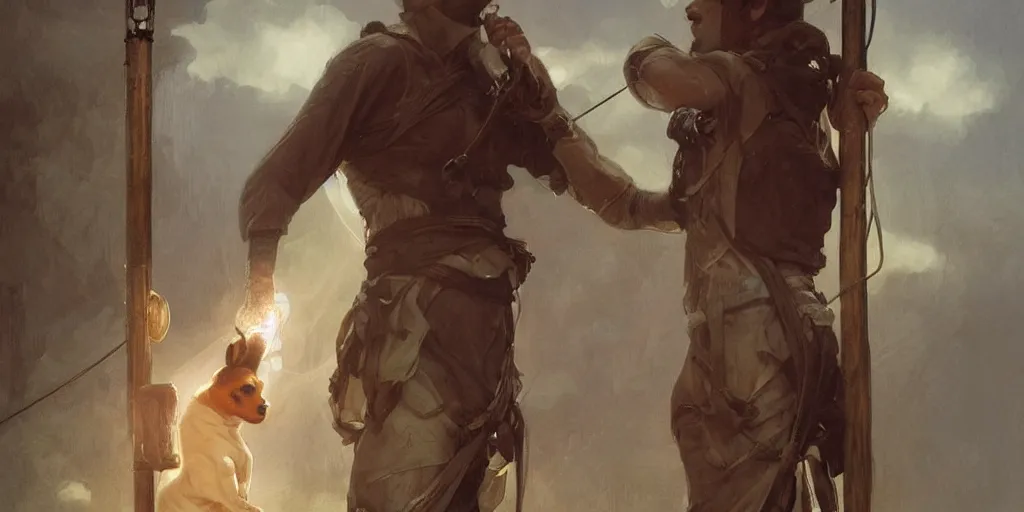 Image similar to a jack russell terrier tied a man to a pole, highly detailed, digital painting, artstation, concept art, smooth, sharp focus, illustration, cinematic lighting, art by artgerm and greg rutkowski and alphonse mucha