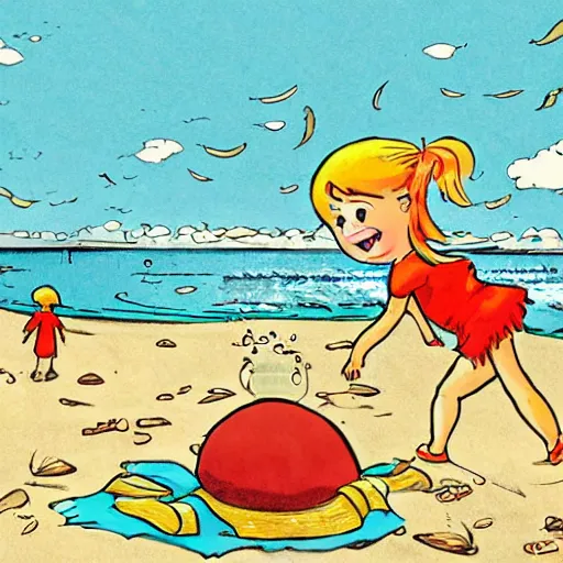 Prompt: cartoon of little girl raiding on top of huge monster crab on the beach.