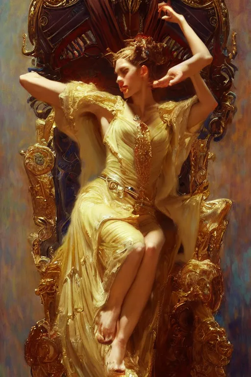 Image similar to full body portrait of blind muse astride her throne, highly detailed painting by gaston bussiere, craig mullins, j. c. leyendecker, 8 k, mid shot