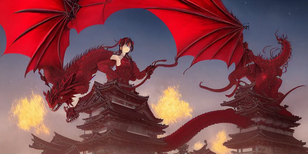 Image similar to Stunning Portrait of A Red dragon flying above a Feudal Japan temple, during a fire works festival at night by Kim Jung Gi, Blizzard Concept Art Studio Ghibli. oil paint. 4k. by brom, Pixiv cute anime girl wearing police gear by Ross Tran, Greg Rutkowski, Mark Arian, soft render, octane, highly detailed painting, artstation