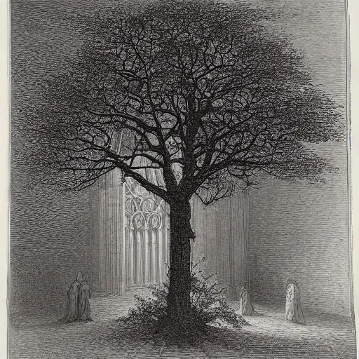 Prompt: roof piercing tree in a chapel, chanting monks, romanticism, by gustave dore, highly detailed