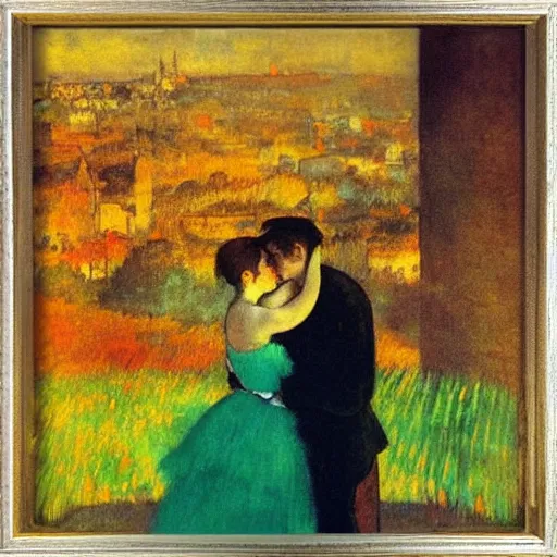 Prompt: Collage. a young couple is embracing in a passionate embrace as they look out over a beautiful cityscape. The colors are very vibrant and the overall mood is very romantic. corn, positivism by Edgar Degas intuitive