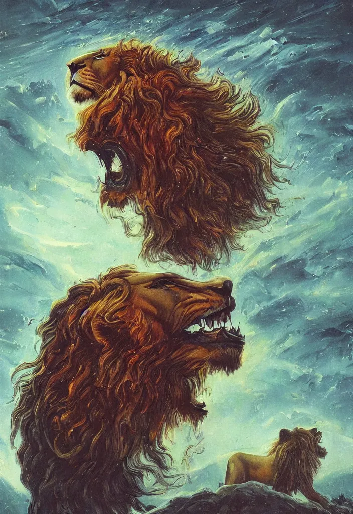 Image similar to a portrait of a lion with a flowing mane looking directly at the camera by simon stalenhag and umberto boccioni dark, magical, fantasy, trending on artstation, digital art.