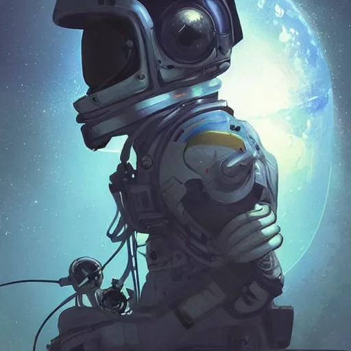 Image similar to view of a future cosmonaut with helmet having cybernetics and wirings exploring a jungle, tense situation, feeling of horror, trending on artstation, art by rossdraws and greg rutkowski, global illumination