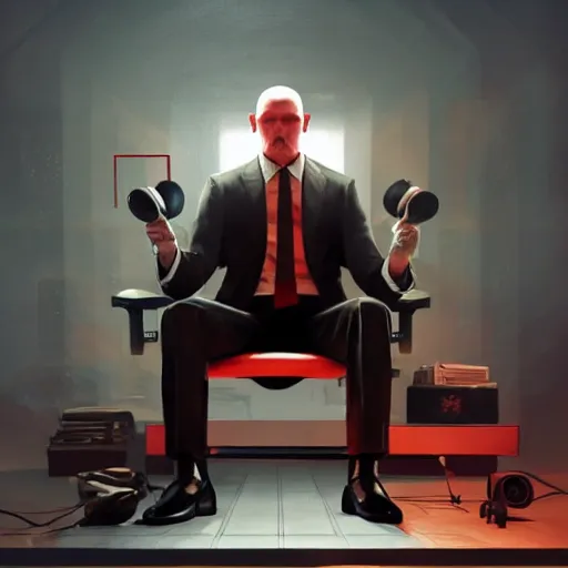 Image similar to a portrait of agent 4 7 from hitman wearing headphones, sitting in a room full of vinyl records, dark background, red rim light, highly detailed, digital art, artstation, concept art, smooth, sharp focus, greg rutkowski, wlop