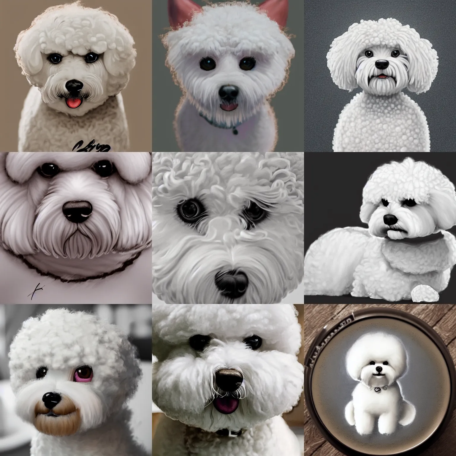 Prompt: a closeup photorealistic photograph of bichon frise drawn in the style of latte art. professional capture, well lit shot. this 4 k hd image is trending on artstation, featured on behance, well - rendered, extra crisp, features intricate detail, epic composition and the style of unreal engine.