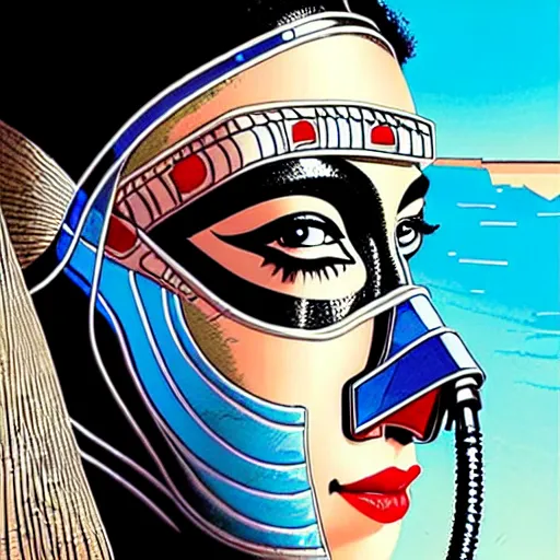 Image similar to a profile photo of a egyptian woman with a diving mask with side profile blood in ocean intricate details by MARVEL comics and Sandra Chevrier-C