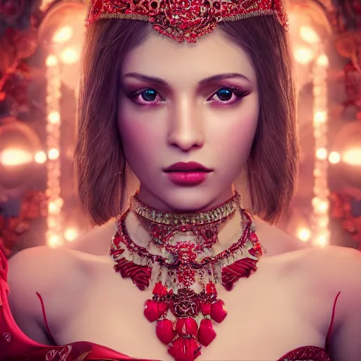 Image similar to wonderful princess with smooth fair skin, alluring eyes, red jewelry, breathtaking, elegant, intricate, ornate backdrop, hyper detailed, accent lighting, 4 k glamour photography, octane render