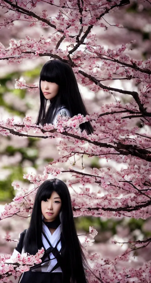 Image similar to a beautiful detailed hyperrealistic render of an attractive japanese female with long black hair covering part of her face and wearing a seifuku, standing next to a beautiful cherry blossom tree, centered, trending on gettyimages and 5 0 0 px, extreme detailing, dim dusk lighting, cinematic lighting, detailed lighting, volumetric lighting, realistic, f 8, 4 k hd wallpaper