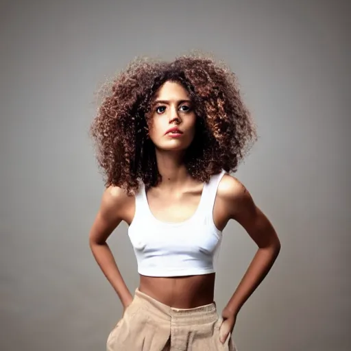 Prompt: full body shot, arms crossed , woman curly hair, trendy, tanned, fashion, model, solemn expression, symmetrical face, tight crop top, Pentax K1000 photography