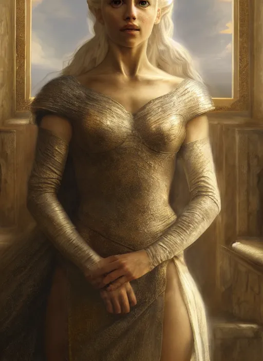 Image similar to cinematic portrait painting daenerys targaryen in fantastic dress aside dragon, royally decorated crystal gemstones incrustations, medium shot, clear symmetrical face enhancement, by lawrence alma - tadema, jaime jones, greg rutkowski, volumetric lights, deviantart contest winner, artstation, fantasy art, highly detailed, golden ratio