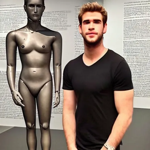 Image similar to “a realistic detailed photo of a guy who is an attractive humanoid who is half robot and half humanoid, who is a male android, actor Liam Hemsworth, shiny skin, posing like a statue, blank stare, at the museum, on display”