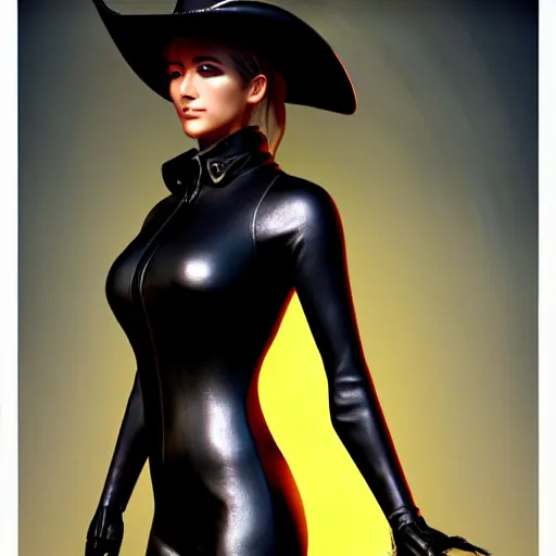 Image similar to a full body painting of a woman sheriff wearing a leather body - suit! and a cowboy hat!, angelic face with stunning eyes!, cyberpunk art by yumihiko amano, cgsociety, figurative art, toonami, zbrush, official art