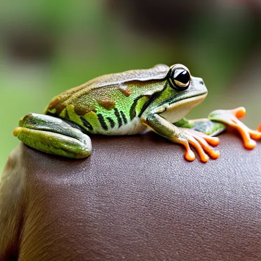 Prompt: Frog on Capybaras back