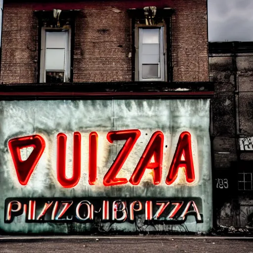 Prompt: an abandoned building with the words pizzeria with a neon sign depicting an italian chef throwing the dough