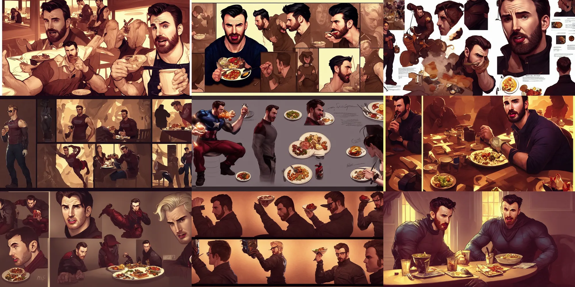 Prompt: chris evans eating dinner, character sheet, character design, contrast, deep focus, turnaround, highly detailed, dramatic lighting, digital painting, artstation, concept art, matte, sharp focus, illustration, elegant, art by artgerm and greg f and alphonse mucha.