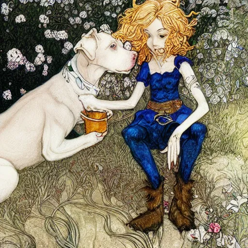 Image similar to elf girl with curly blonde hair pets a white pitbull, highly detailed, painting by rebecca guay