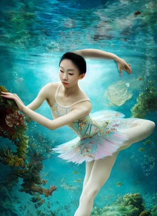 Image similar to stunningly beautiful, asian prima ballerina at the bottom of the great barrier reef, smooth, focus, highly detailed, hyper realistic, dramatic lighting, intricate, concept art, art by wlop, mars ravelo, greg rutowski