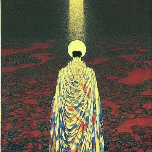 Image similar to the cult leader stands at the altar as sunlight pours into his open arms, high detailed jean giraud painting, by adrian ghenie and gerhard richter. art by takato yamamoto. masterpiece, deep colours.