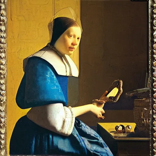 Image similar to painting of a female android royalty by Vermeer, Dutch Golden Age