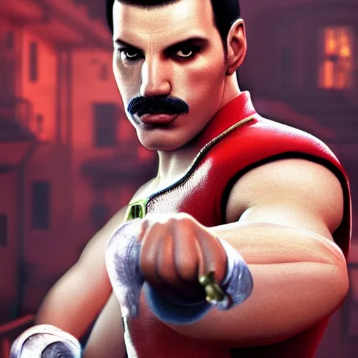 Image similar to freddy mercury as ken street fighter, portrait, ultra realistic, concept art, intricate details, highly detailed, photorealistic, octane render, 8 k, unreal engine, art by frank frazetta, simon bisley, brom
