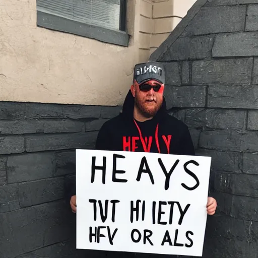 Prompt: atlas holding a sign over his head that reads heavy,