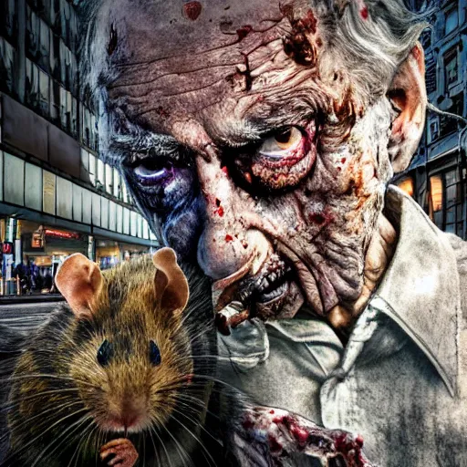 Image similar to an ultra realistic 8 k hdr photo of an elderly haggered raggedy zombie sniffing a rat on a city street
