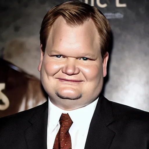 Image similar to Andy Richter is wearing a chocolate brown suit and necktie. Andy is standing outside in the bright sun. His face is glistening with sweat.