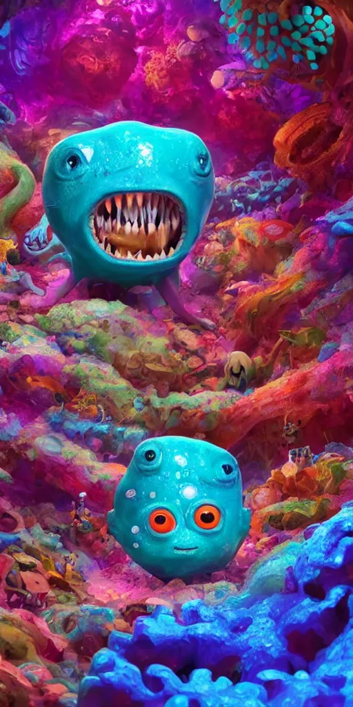 Image similar to of a colorful under water cave with strange cute friendly happy creatures with huge eyes, mouth, long tongue and round teeth appearing from sandy coral, in the style of gehry and gaudi, macro lens, shallow depth of field, ultra detailed, digital painting, trending artstation, concept art, illustration, cinematic lighting, photorealism, epic, octane render