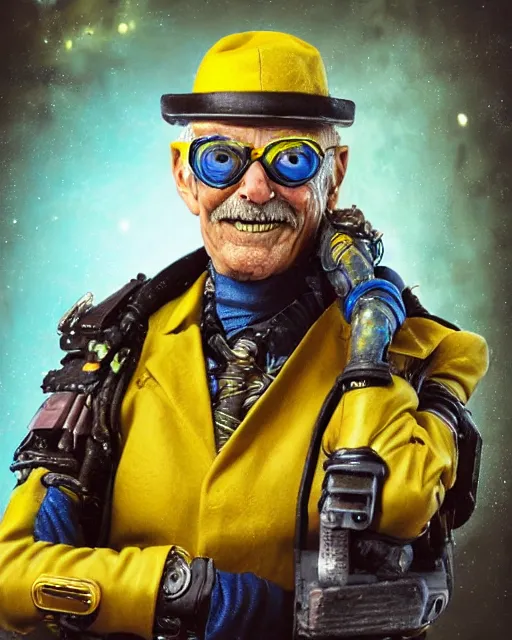 Prompt: an intimate portrait of a gnarly human cyberpunk captain, old skin, faded hat, charming, strong leader, glasses, a look of cunning, big smile, detailed matte fantasy painting, the night war rages behind him, yellow and blue and cyan