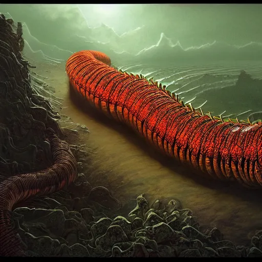 Prompt: photorealistic giant centipede is a train in the style of michael whelan and gustave dore. hyperdetailed photorealism, 1 0 8 megapixels, amazing depth, glowing rich colors, powerful imagery, psychedelic overtones, 3 d finalrender, 3 d shading, cinematic lighting, artstation concept art