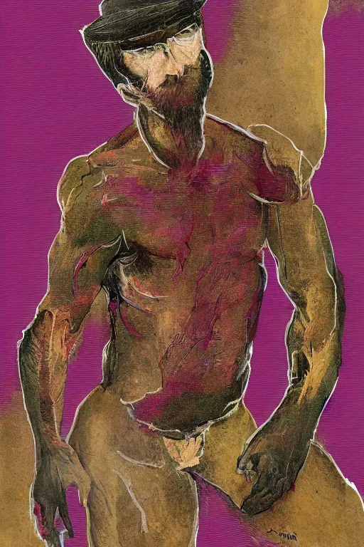 Image similar to portrait of a rugged ranger, muscular, upper body, hairy torso, in the style of Corporate Memphis, Francis Bacon, James Jean, Alegria style, Buck Studios artwork, gradients, simple, minimalist, medium shot