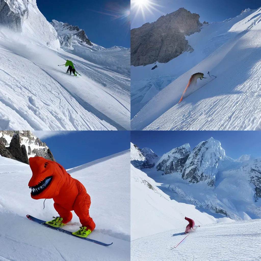 Prompt: A T-rex skiing down the Vallee Blanche, Chamonix